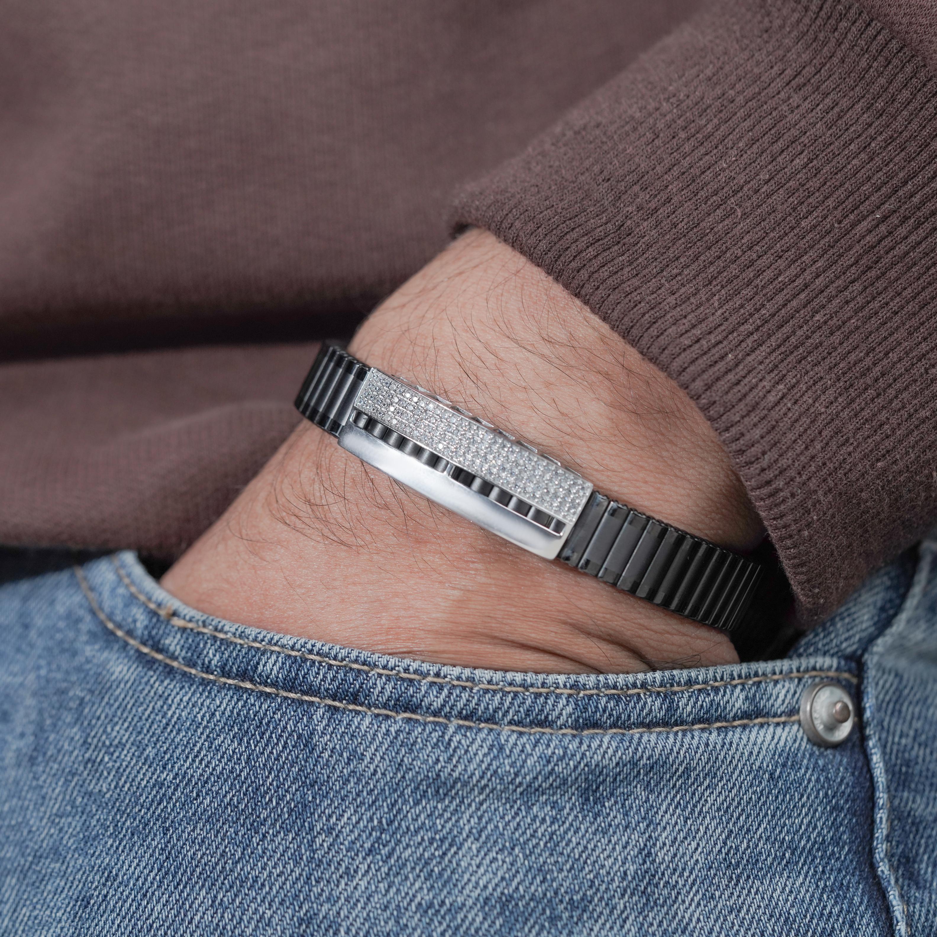 Brown Braided Leather Silver CZ 925 Sterling Silver Bracelet for Men