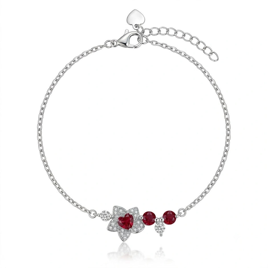 Ruby Blossom Charm 925 Sterling Silver Bracelet for Women