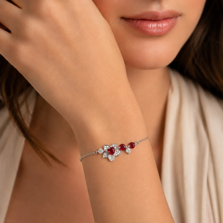 Ruby Blossom Charm 925 Sterling Silver Bracelet for Women