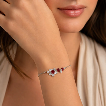 Ruby Blossom Charm 925 Sterling Silver Bracelet for Women