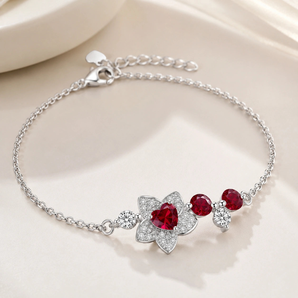 Ruby Blossom Charm 925 Sterling Silver Bracelet for Women