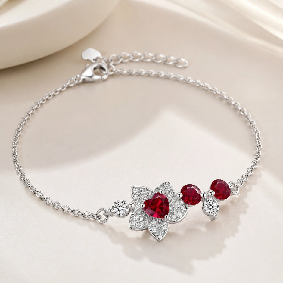 Ruby Blossom Charm 925 Sterling Silver Bracelet for Women
