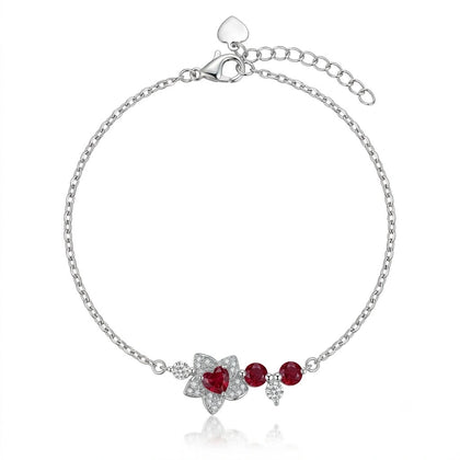 Ruby Heart Flower 925 Sterling Silver Bracelet for Women