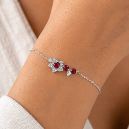 Ruby Heart Flower 925 Sterling Silver Bracelet for Women