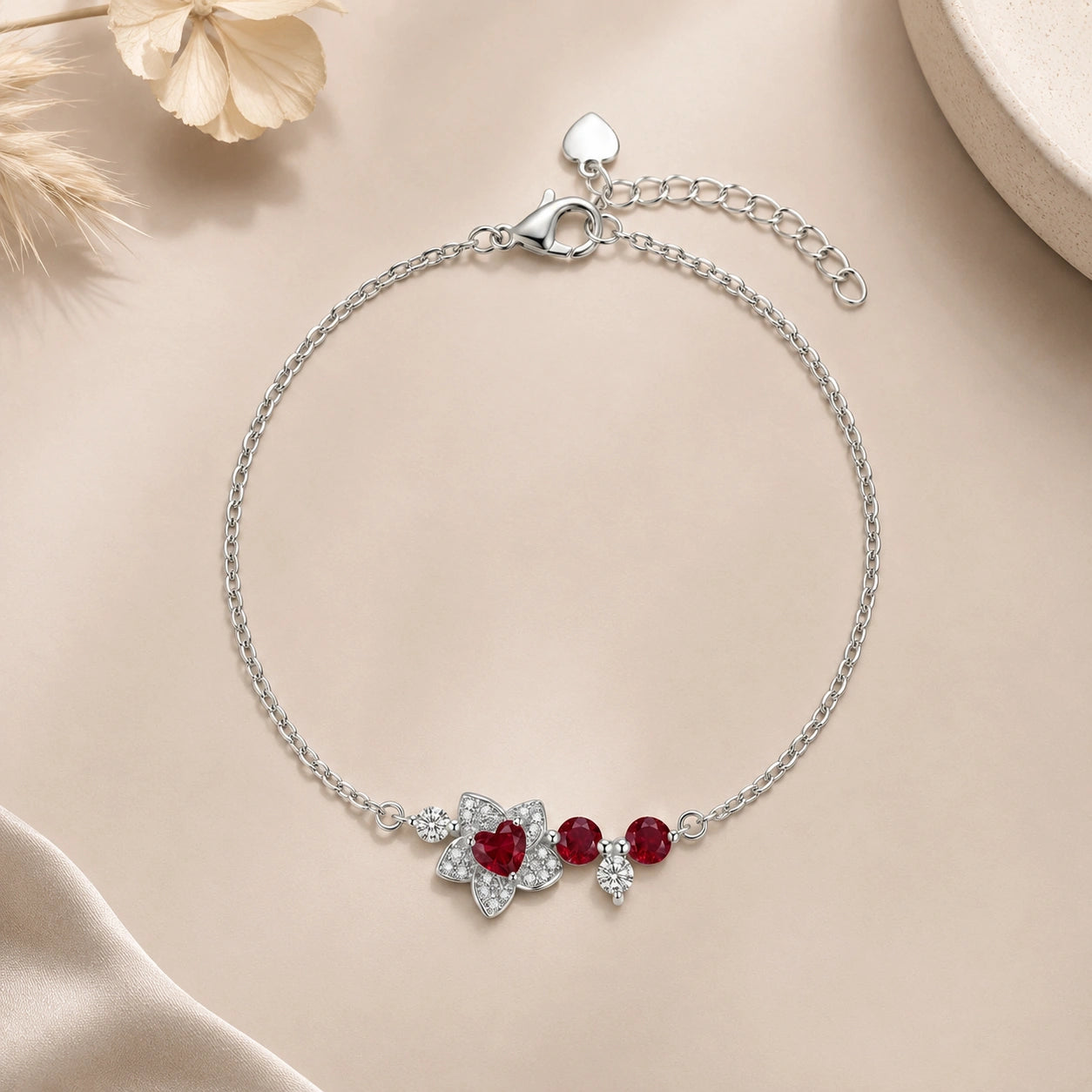 Ruby Blossom Charm 925 Sterling Silver Bracelet for Women