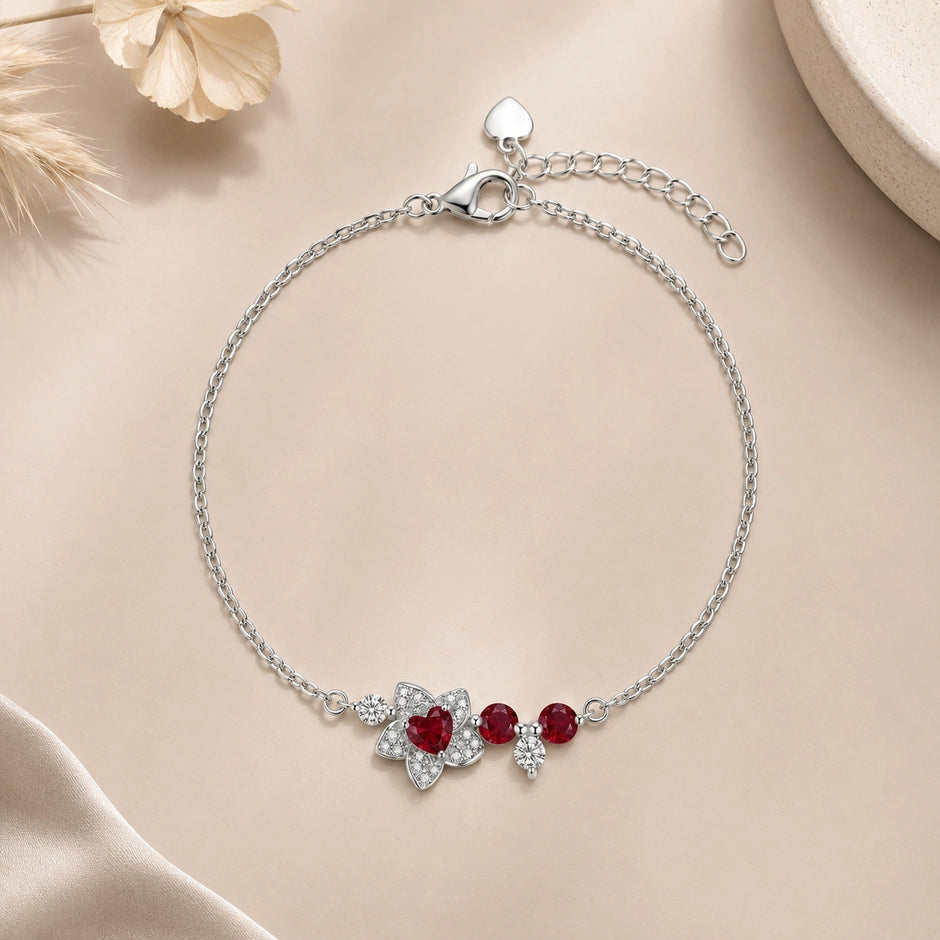 Ruby Blossom Charm 925 Sterling Silver Bracelet for Women