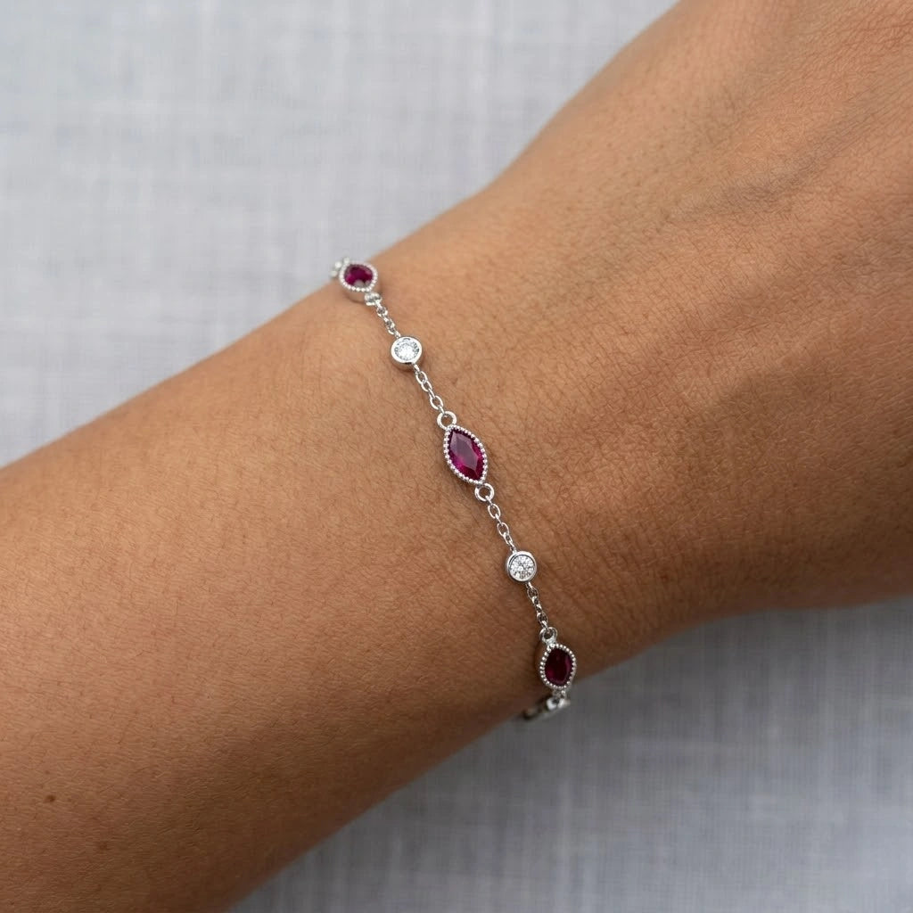 925 Sterling Silver Ruby Marquise Stone Bracelet for Women