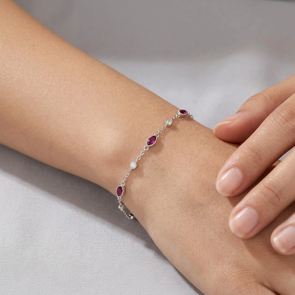 925 Sterling Silver Ruby Marquise Stone Bracelet for Women