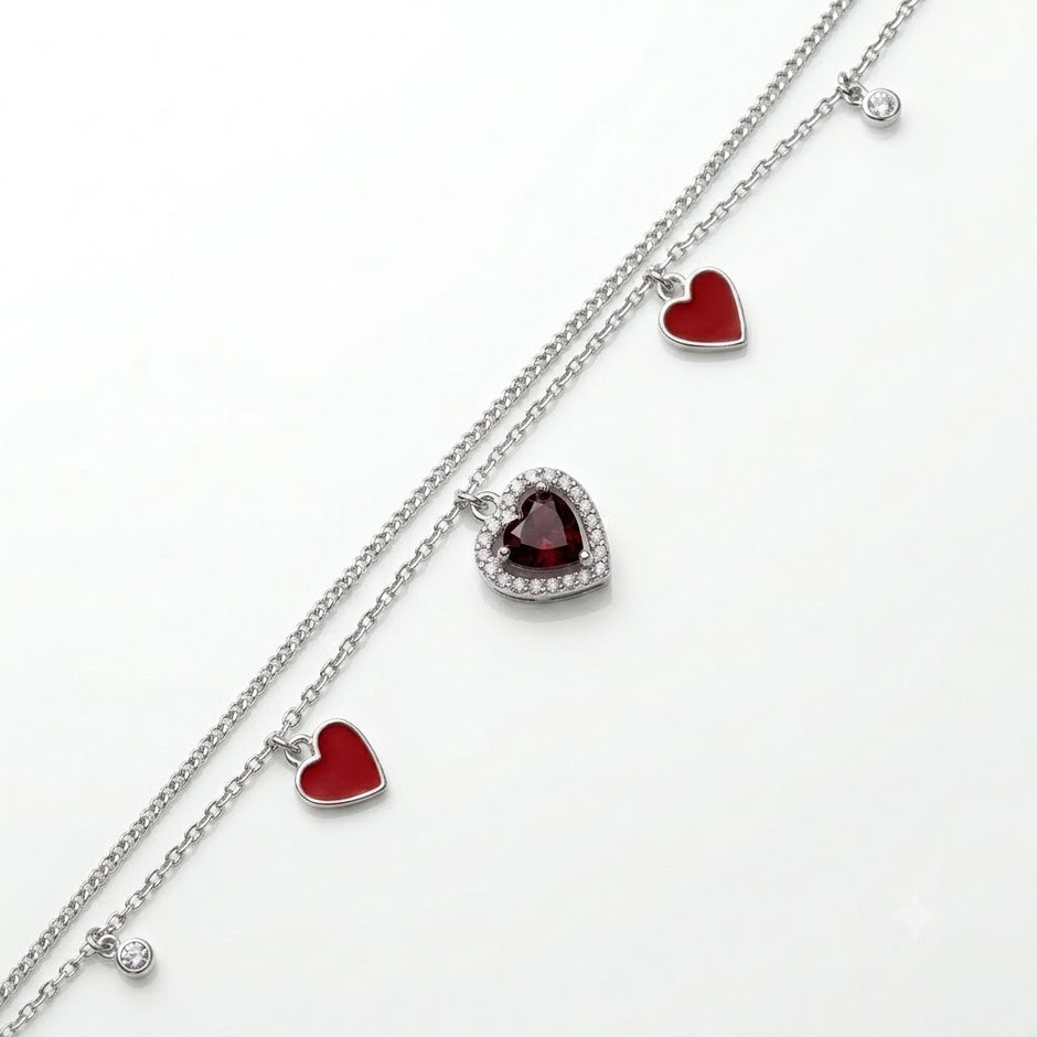 Red Heart Charm 925 Sterling Silver Double Chain Bracelet for Women