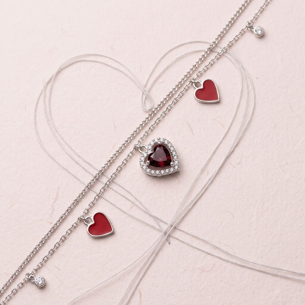 Red Heart Charm 925 Sterling Silver Double Chain Bracelet for Women