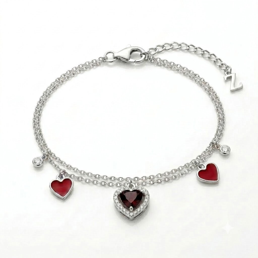 Red Heart Charm 925 Sterling Silver Double Chain Bracelet for Women