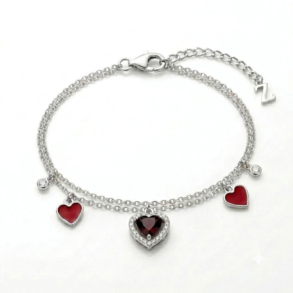 Red Heart Charm 925 Sterling Silver Double Chain Bracelet for Women
