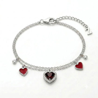 Red Heart Charm 925 Sterling Silver Double Chain Bracelet for Women