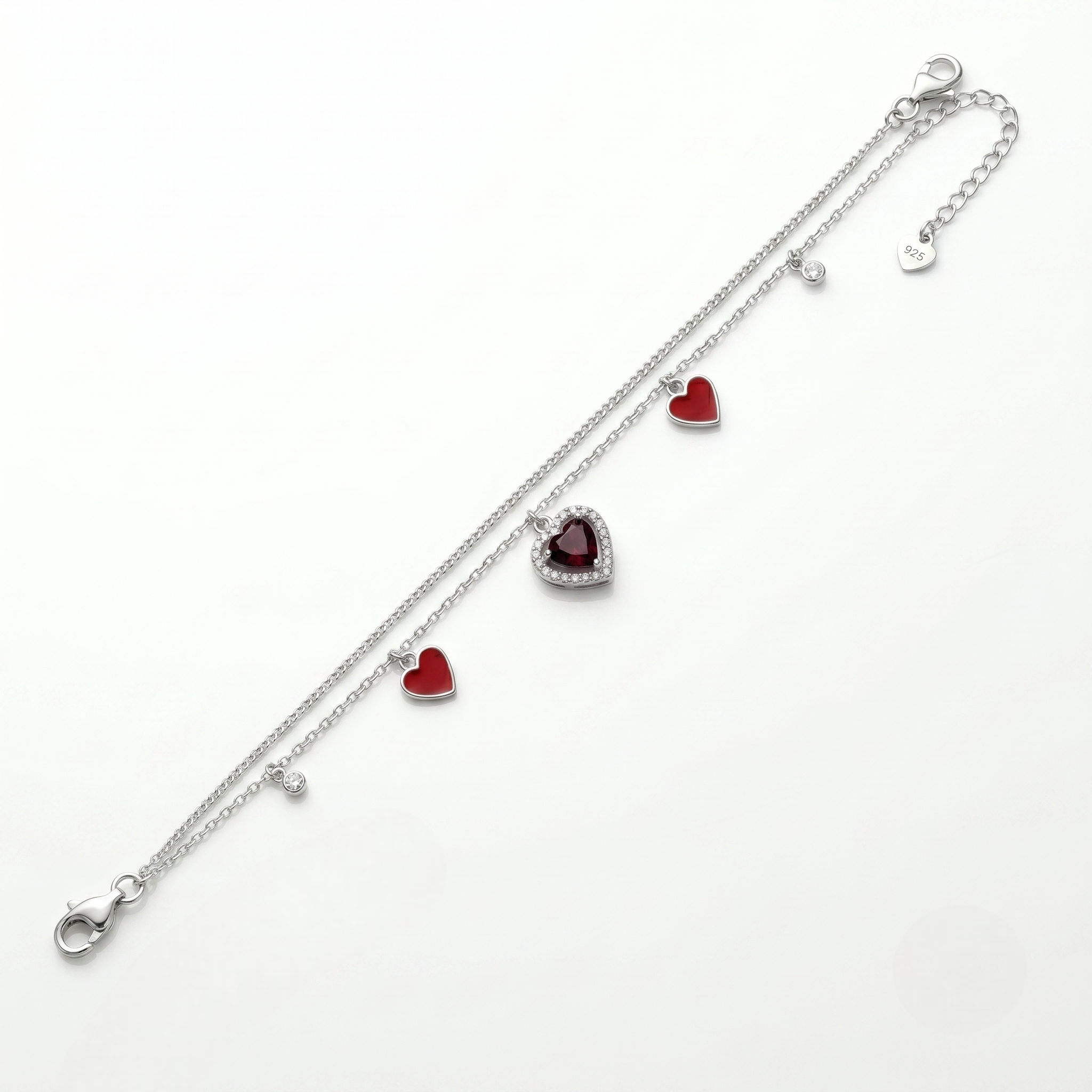 Red Heart Charm 925 Sterling Silver Double Chain Bracelet for Women