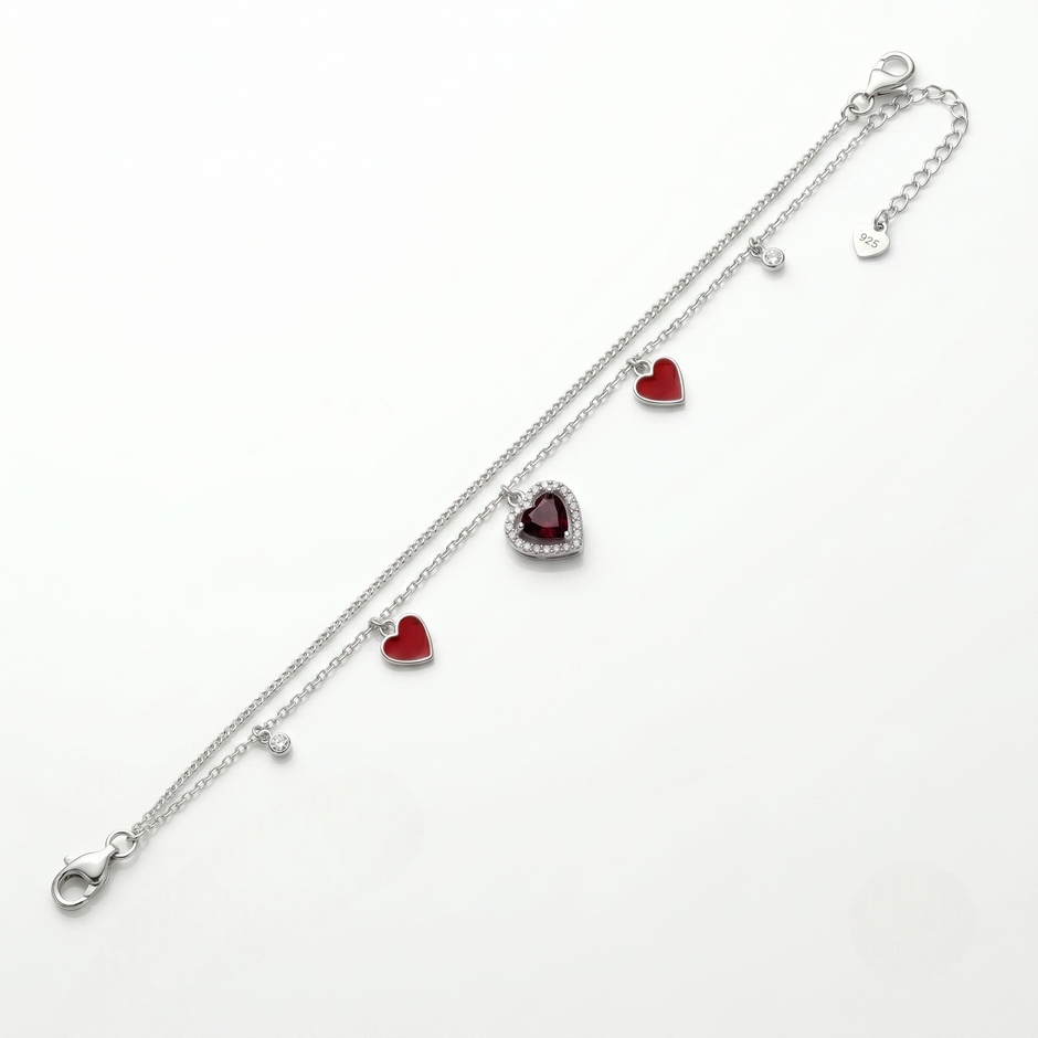 Red Heart Charm 925 Sterling Silver Double Chain Bracelet for Women