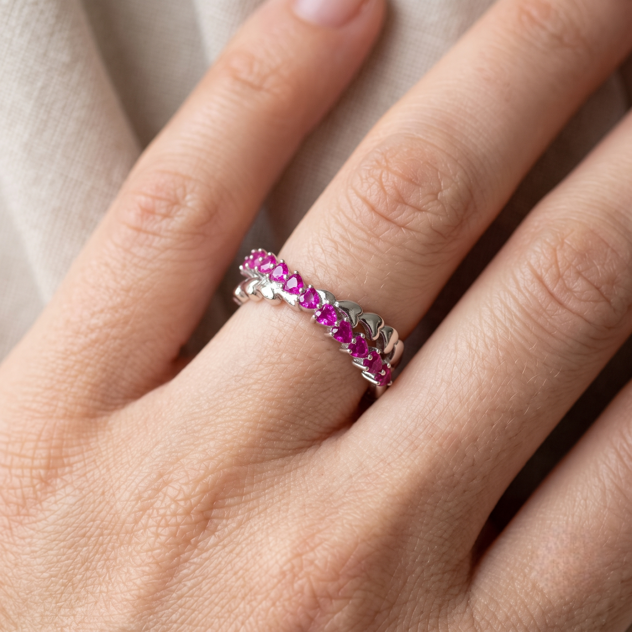 925 Sterling Silver Heart Eternity Ring for Women with Pink Heart-Shaped Cubic Zirconia Stones