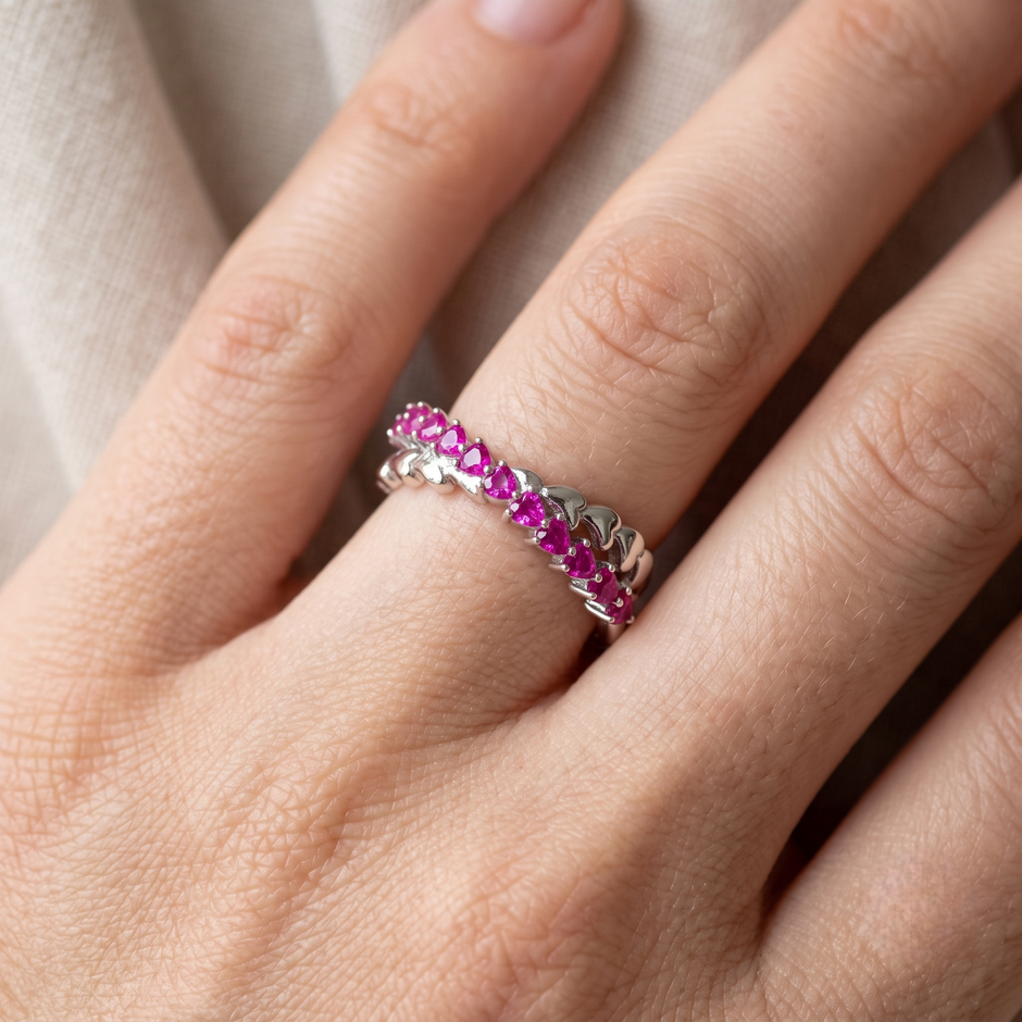 925 Sterling Silver Heart Eternity Ring for Women with Pink Heart-Shaped Cubic Zirconia Stones