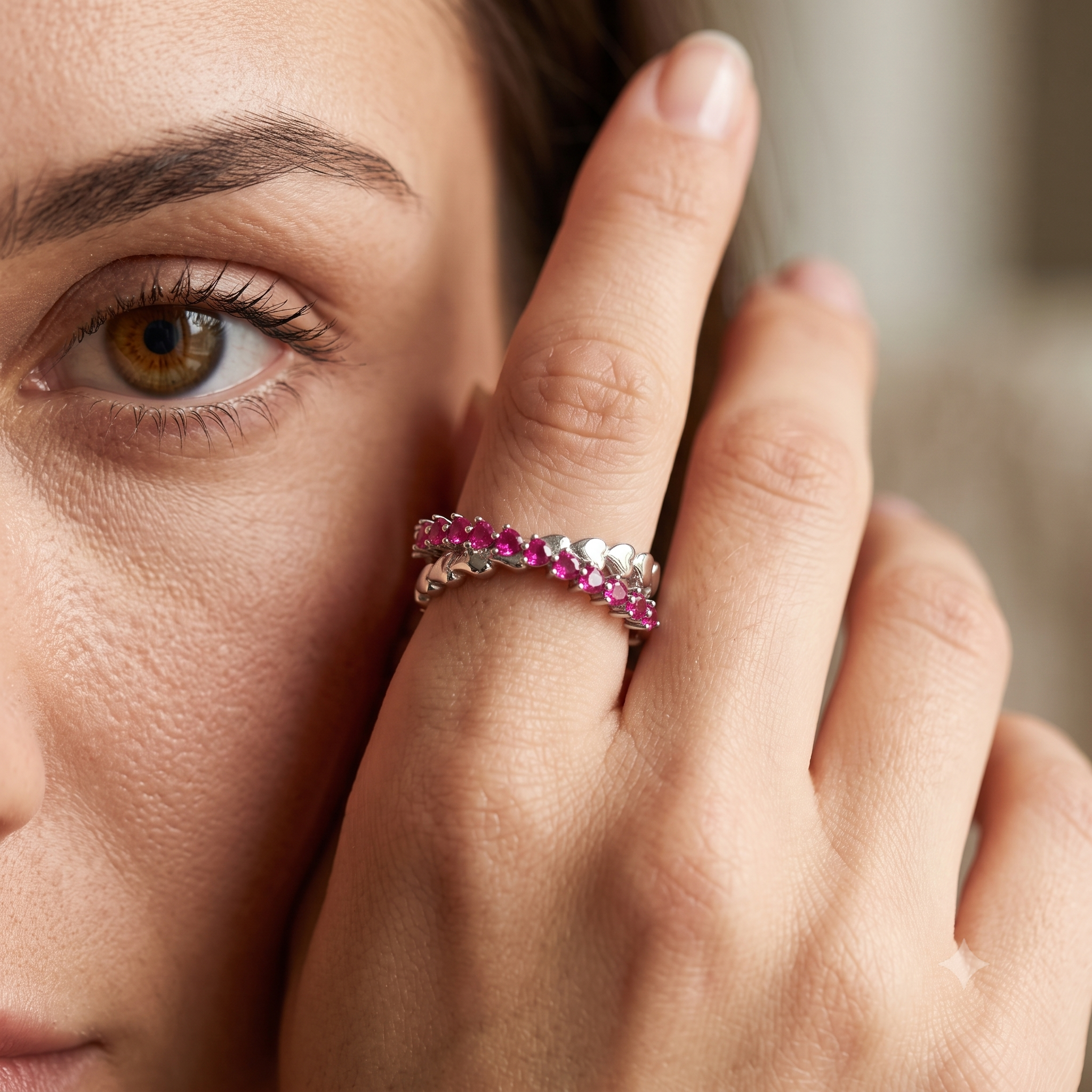 925 Sterling Silver Heart Eternity Ring for Women with Pink Heart-Shaped Cubic Zirconia Stones