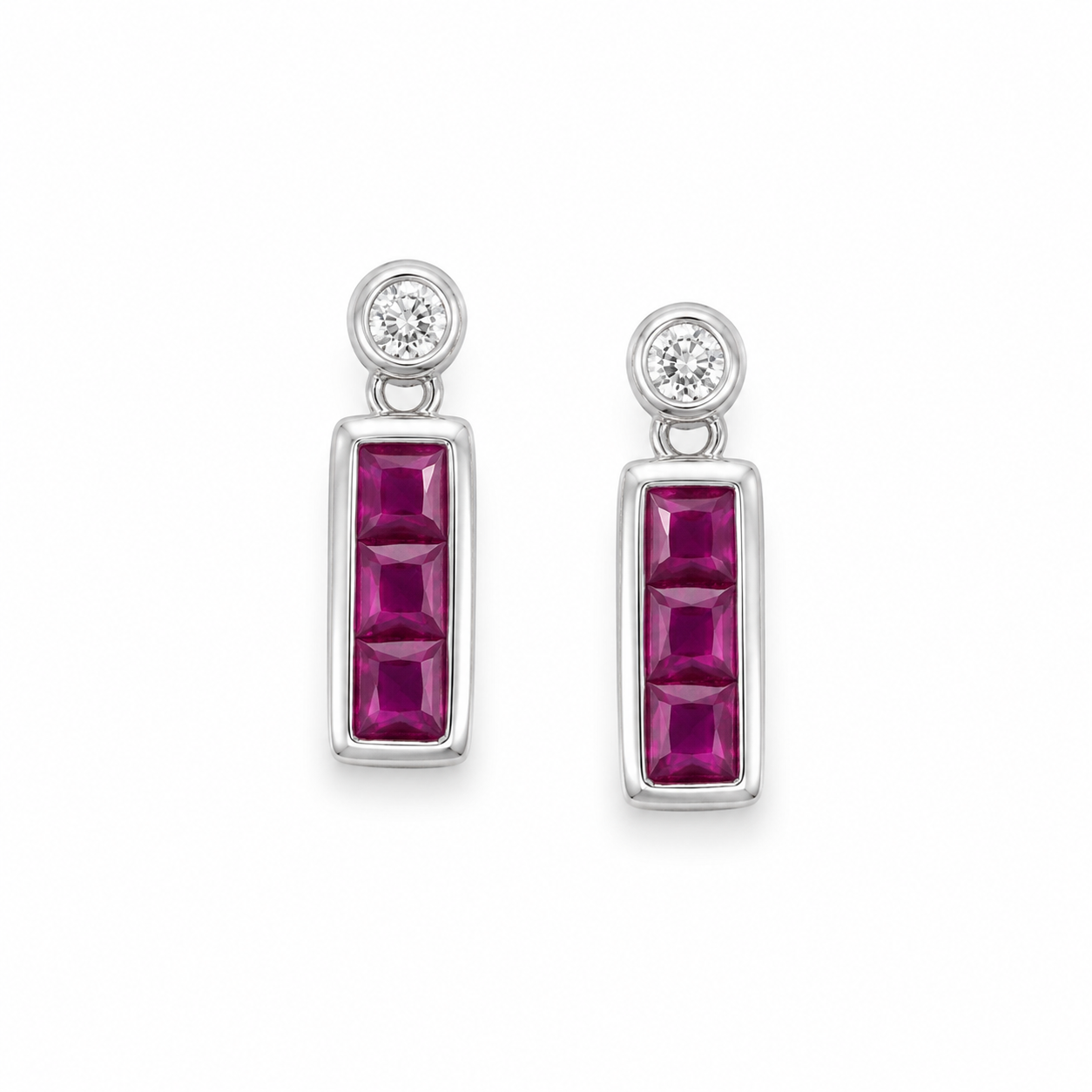 925 Sterling Silver Ruby Red Baguette Drop Earrings with Cubic Zirconia for Women