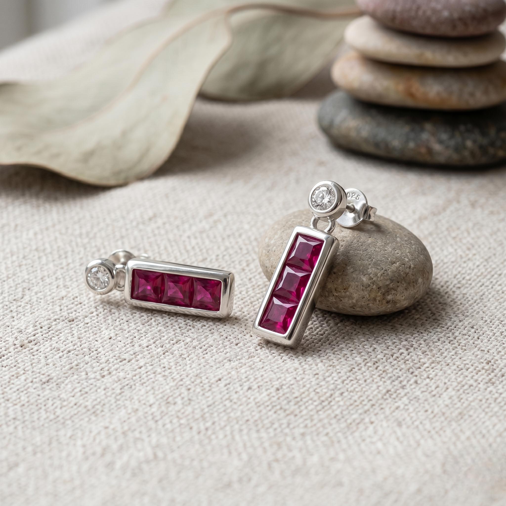 925 Sterling Silver Ruby Red Baguette Drop Earrings with Cubic Zirconia for Women