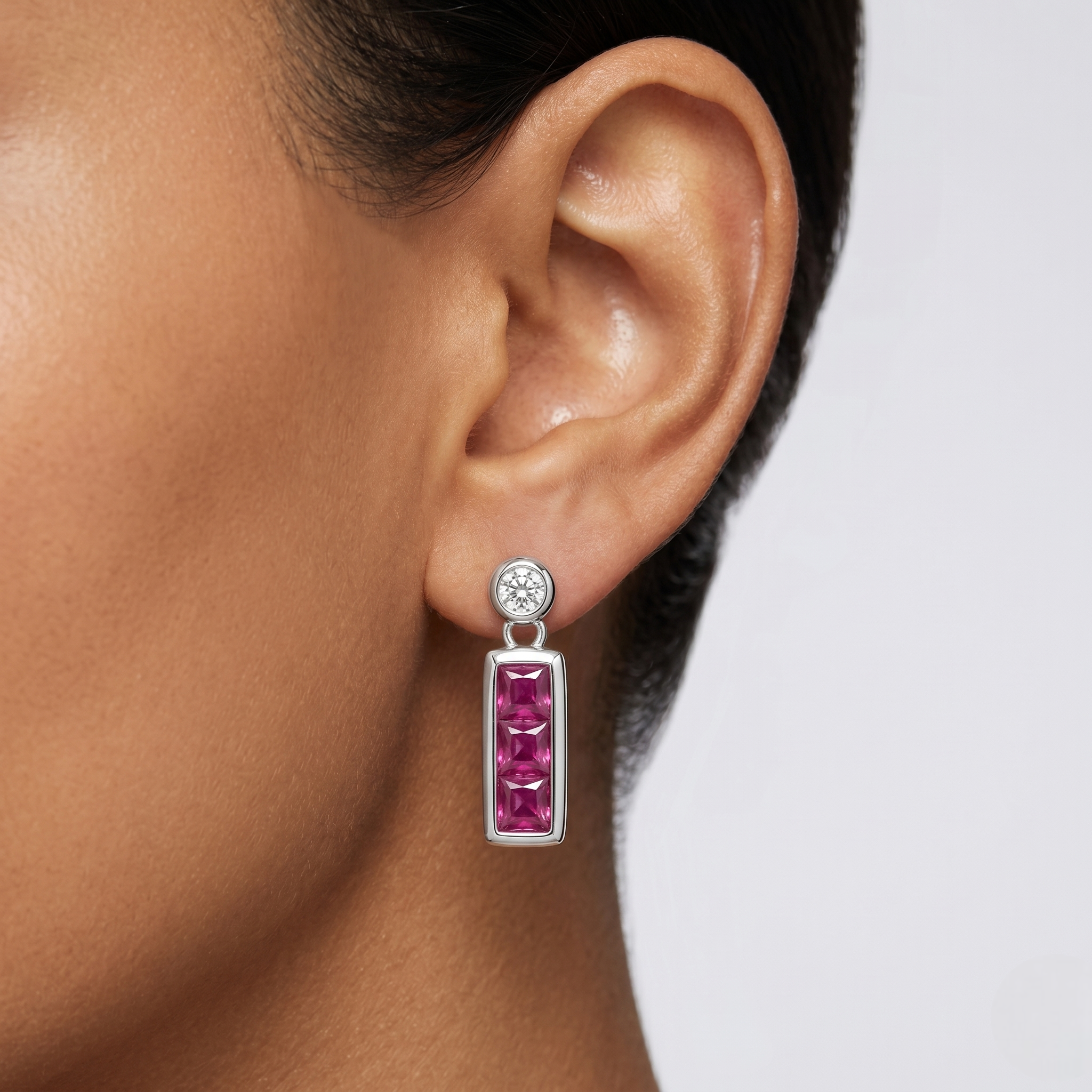 925 Sterling Silver Ruby Red Baguette Drop Earrings with Cubic Zirconia for Women