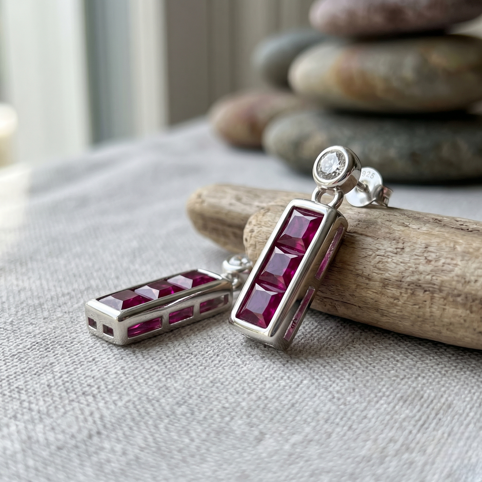 925 Sterling Silver Ruby Red Baguette Drop Earrings with Cubic Zirconia for Women