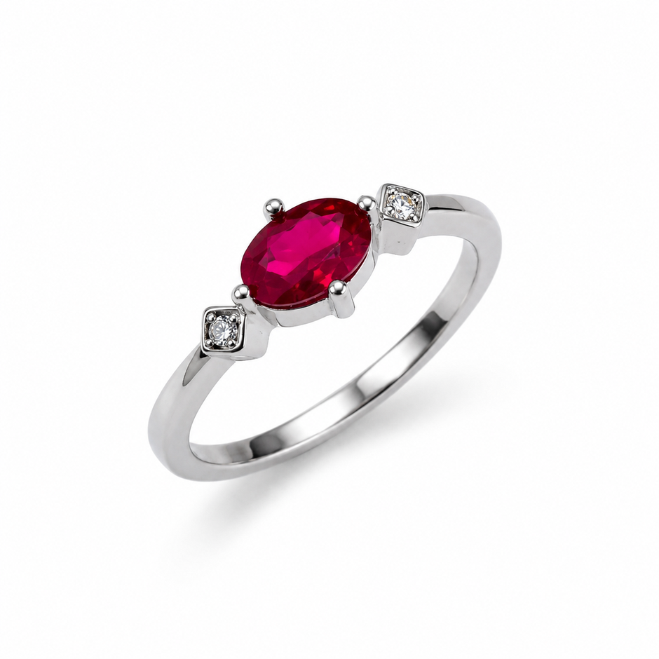 925 Sterling Silver Oval Ruby CZ Solitaire Ring with Side Accent Stones.