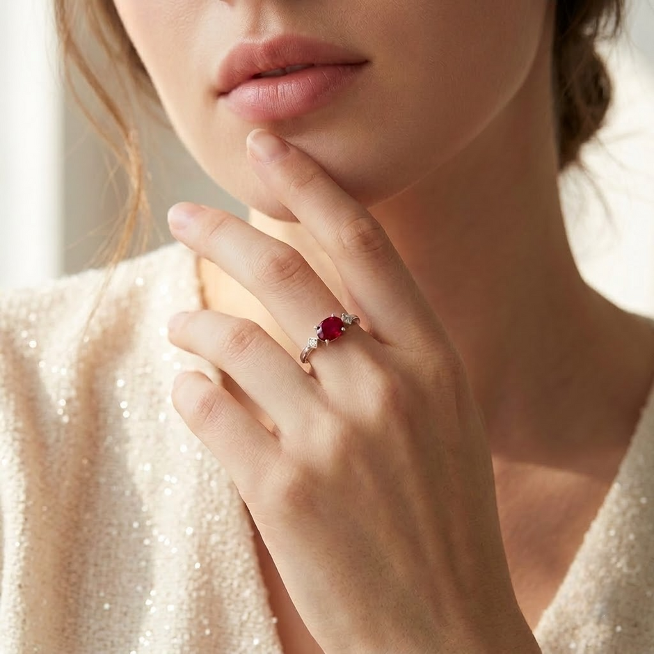 925 Sterling Silver Oval Ruby CZ Solitaire Ring with Side Accent Stones.