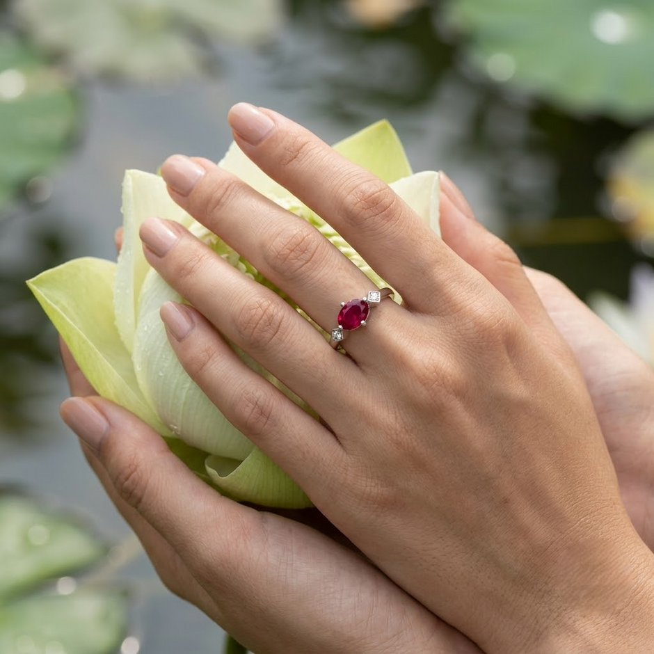 925 Sterling Silver Oval Ruby CZ Solitaire Ring with Side Accent Stones.