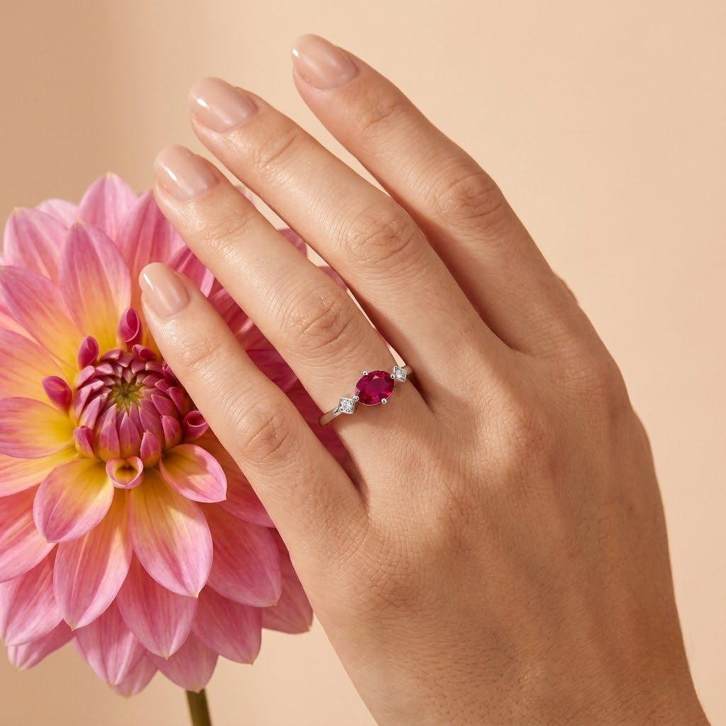 925 Sterling Silver Oval Ruby CZ Solitaire Ring with Side Accent Stones.