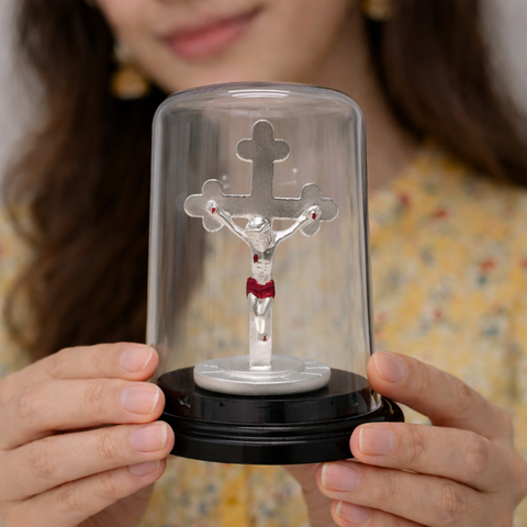 Sacred Jesus Christ Crucifix Silver Idol with Glass Dome