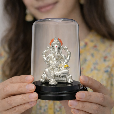 Shree Ganesha Pure Silver Idol with Display Dome