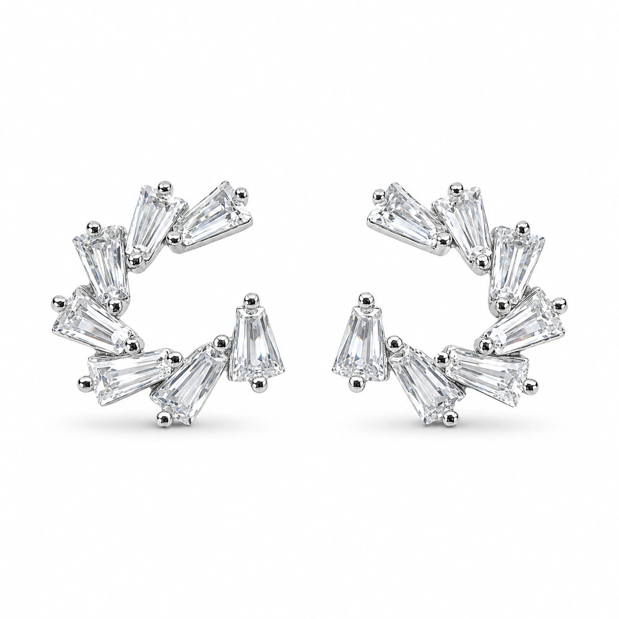 Silver Half Circle Diamond 925 Sterling Silver Stud Earrings for Women