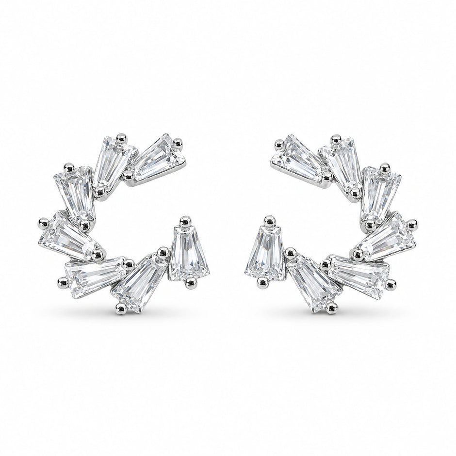 Silver Half Circle Diamond 925 Sterling Silver Stud Earrings for Women