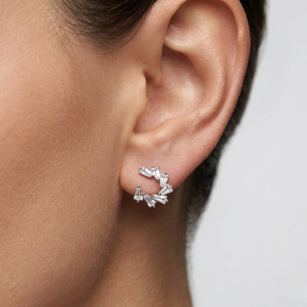 Silver Half Circle Diamond 925 Sterling Silver Stud Earrings for Women