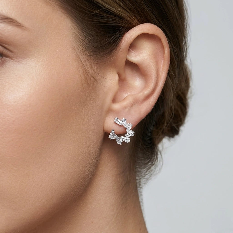 Silver Half Circle Diamond 925 Sterling Silver Stud Earrings for Women