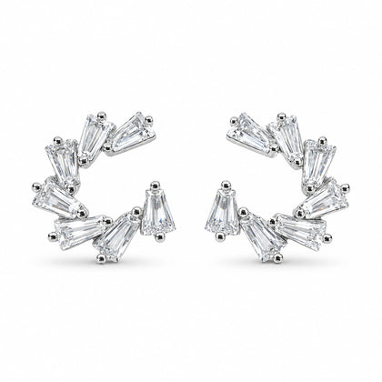 925 Sterling Silver Fan-Shaped Open Stud Earrings with Tapered Cubic Zirconia