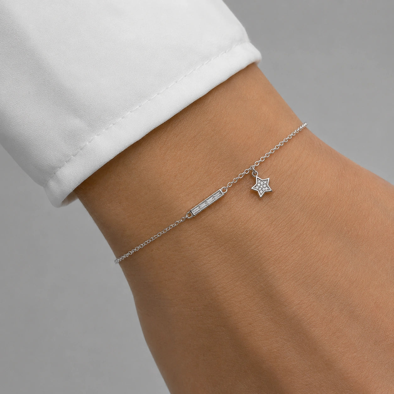 Silver 925 sterling silver bar star charm bracelet for women