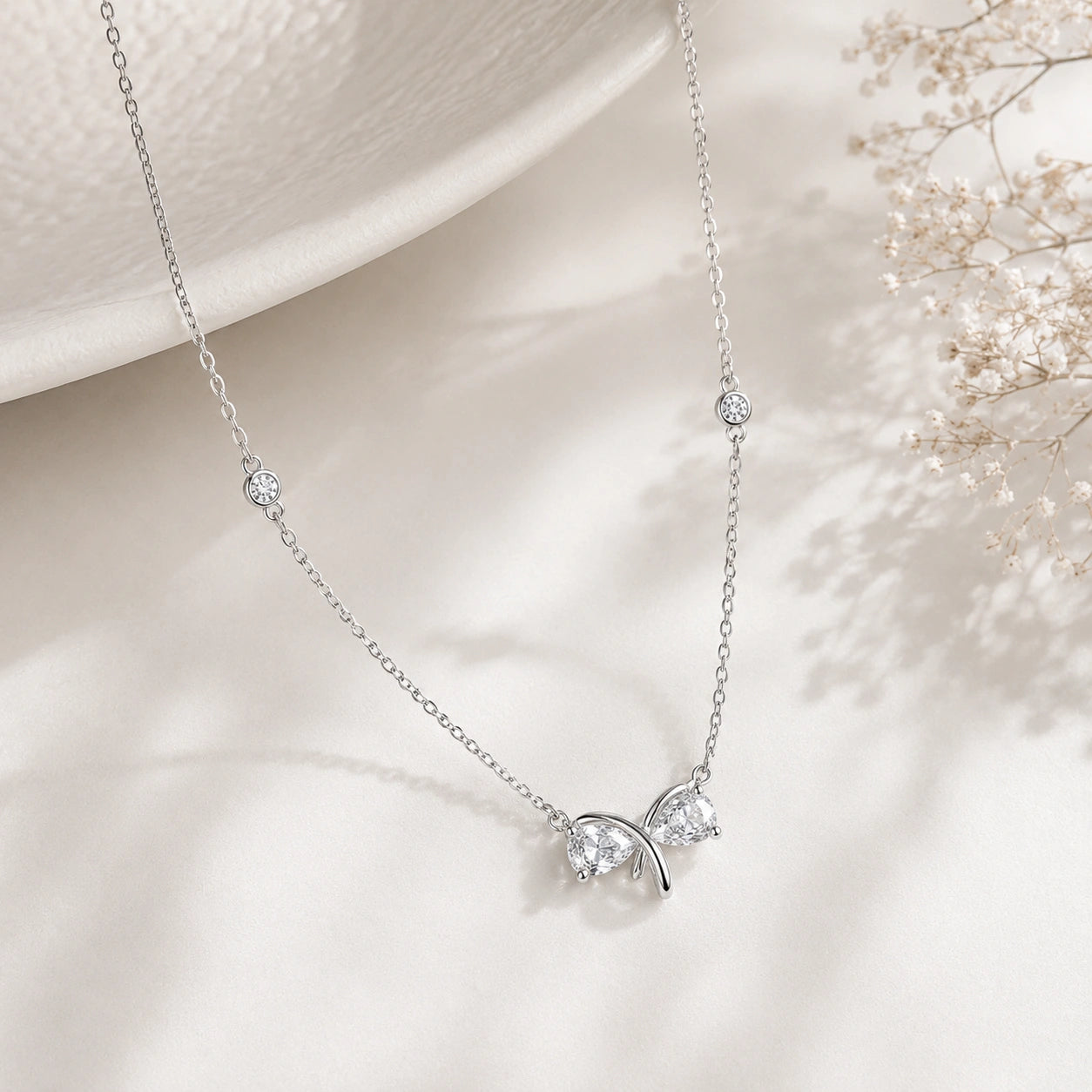 Silver Bow CZ 925 Sterling Silver Pendant Chain for Women