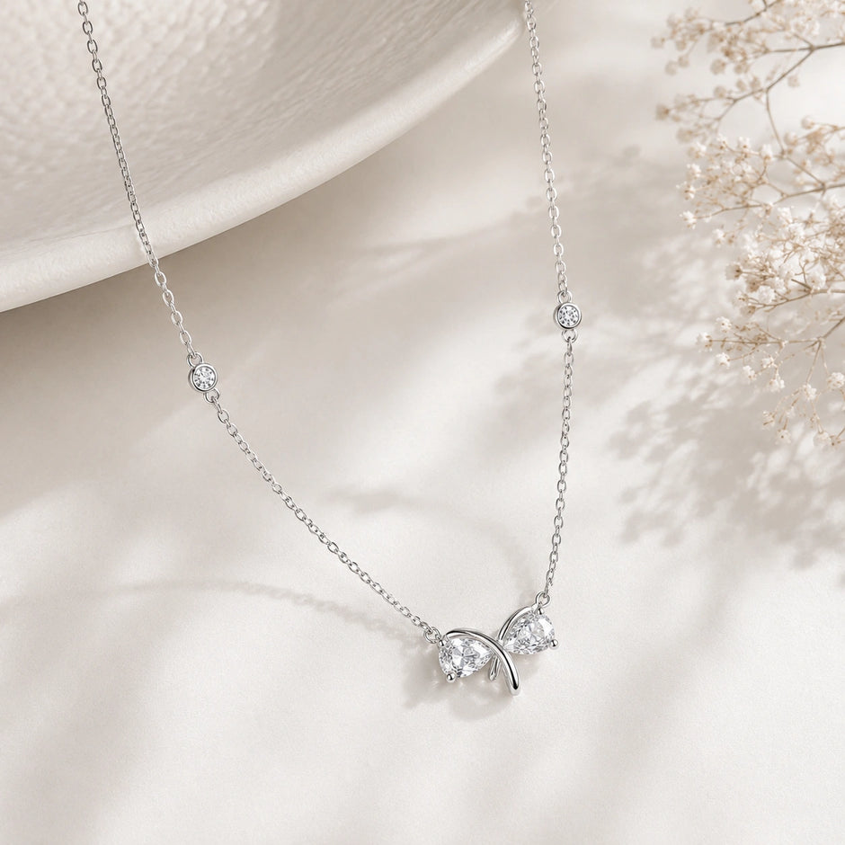 Silver Bow CZ 925 Sterling Silver Pendant Chain for Women