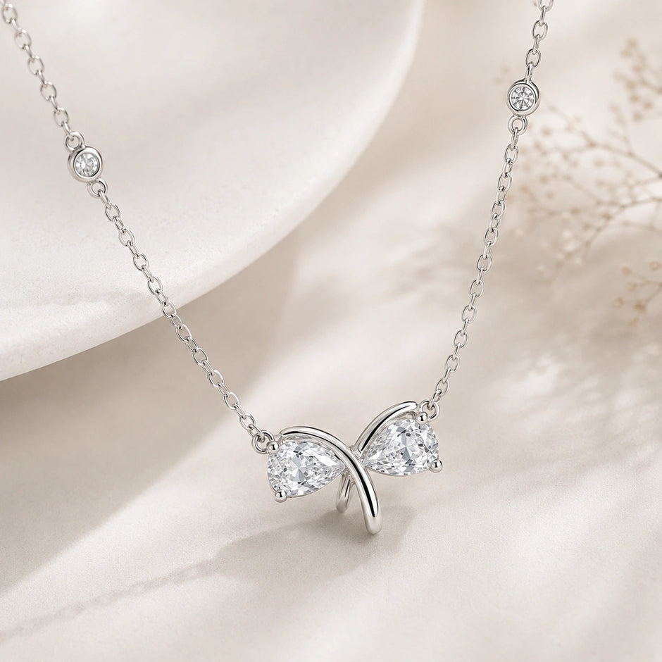 Silver Bow CZ 925 Sterling Silver Pendant Chain for Women