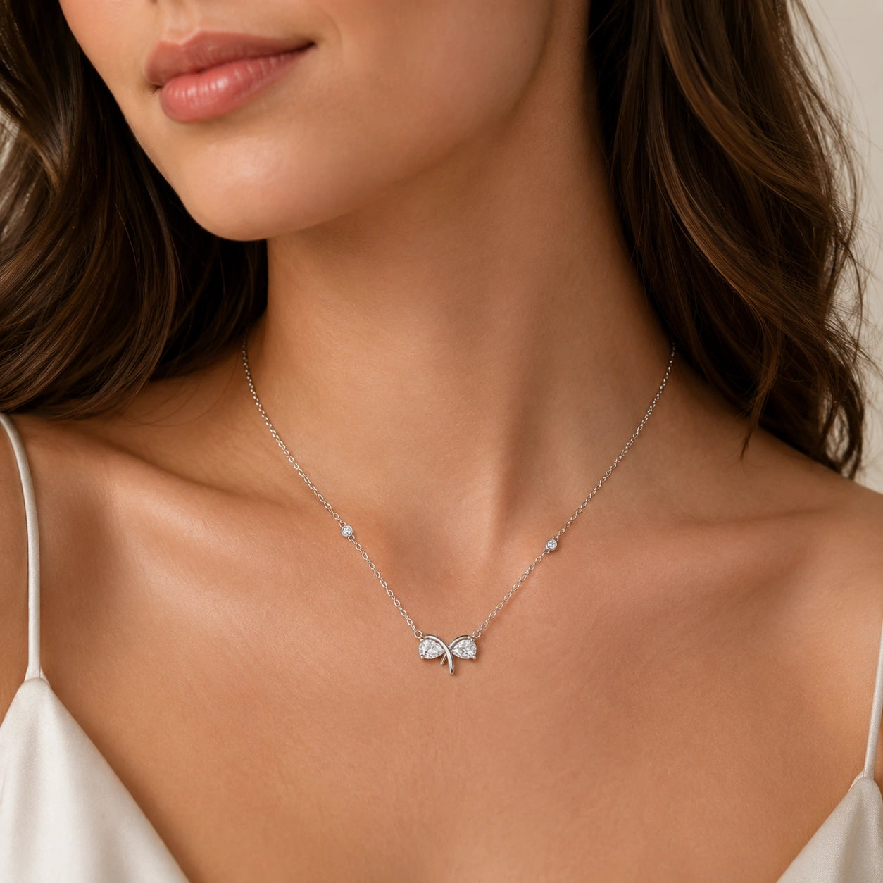 Silver Bow CZ 925 Sterling Silver Pendant Chain for Women