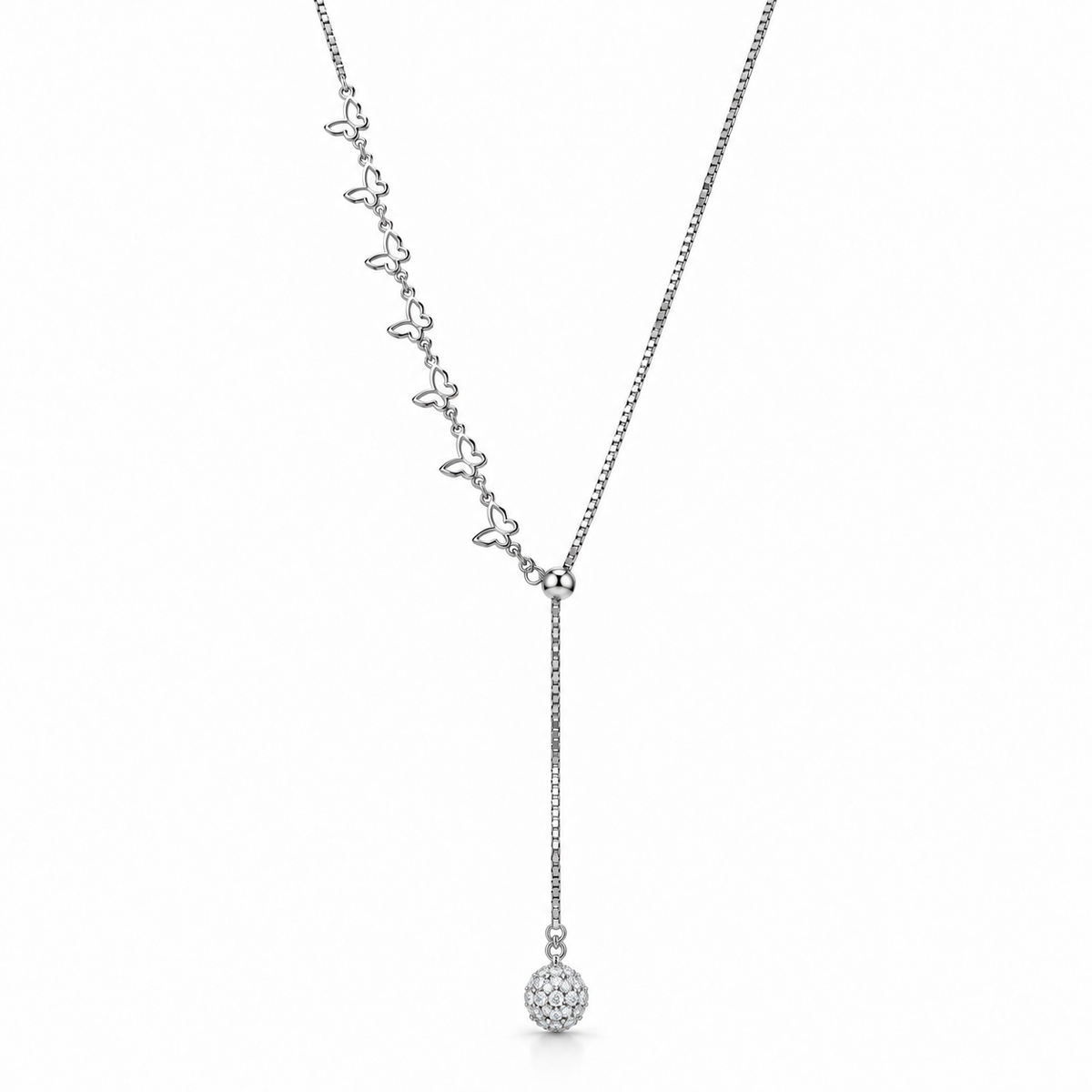 Silver Butterfly Link Y Necklace with Pave Sphere Pendant