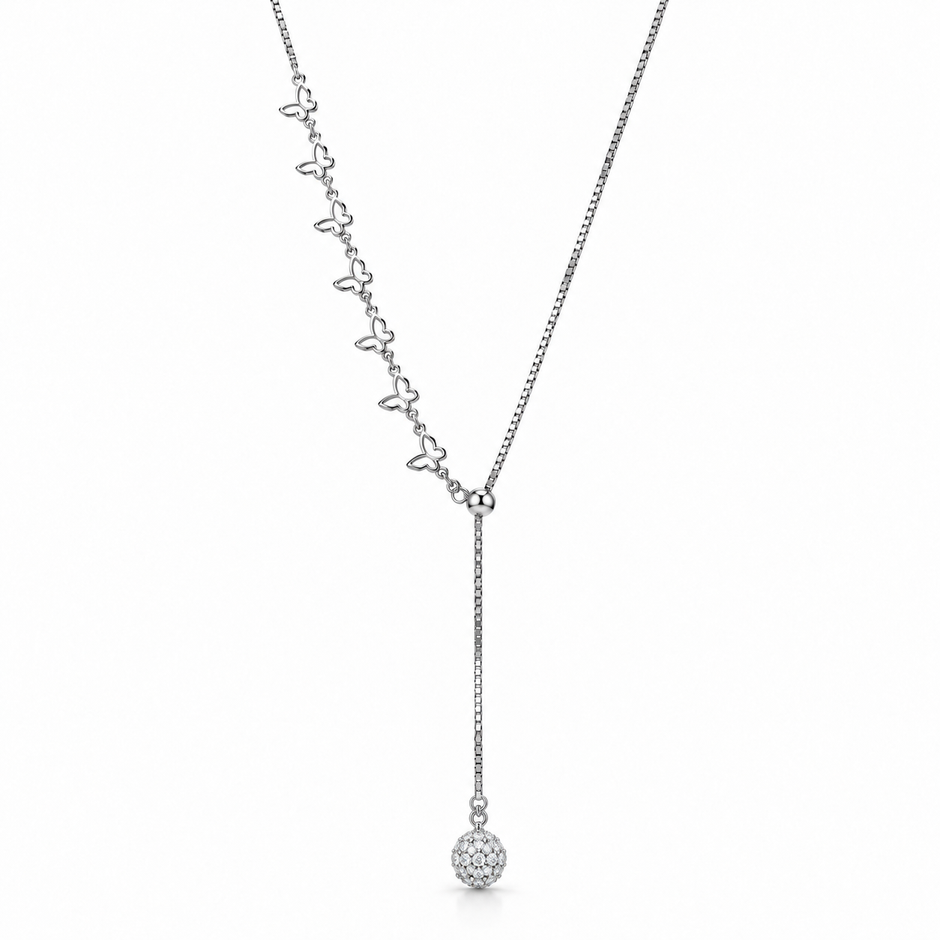 Silver Butterfly Link Y Necklace with Pave Sphere Pendant