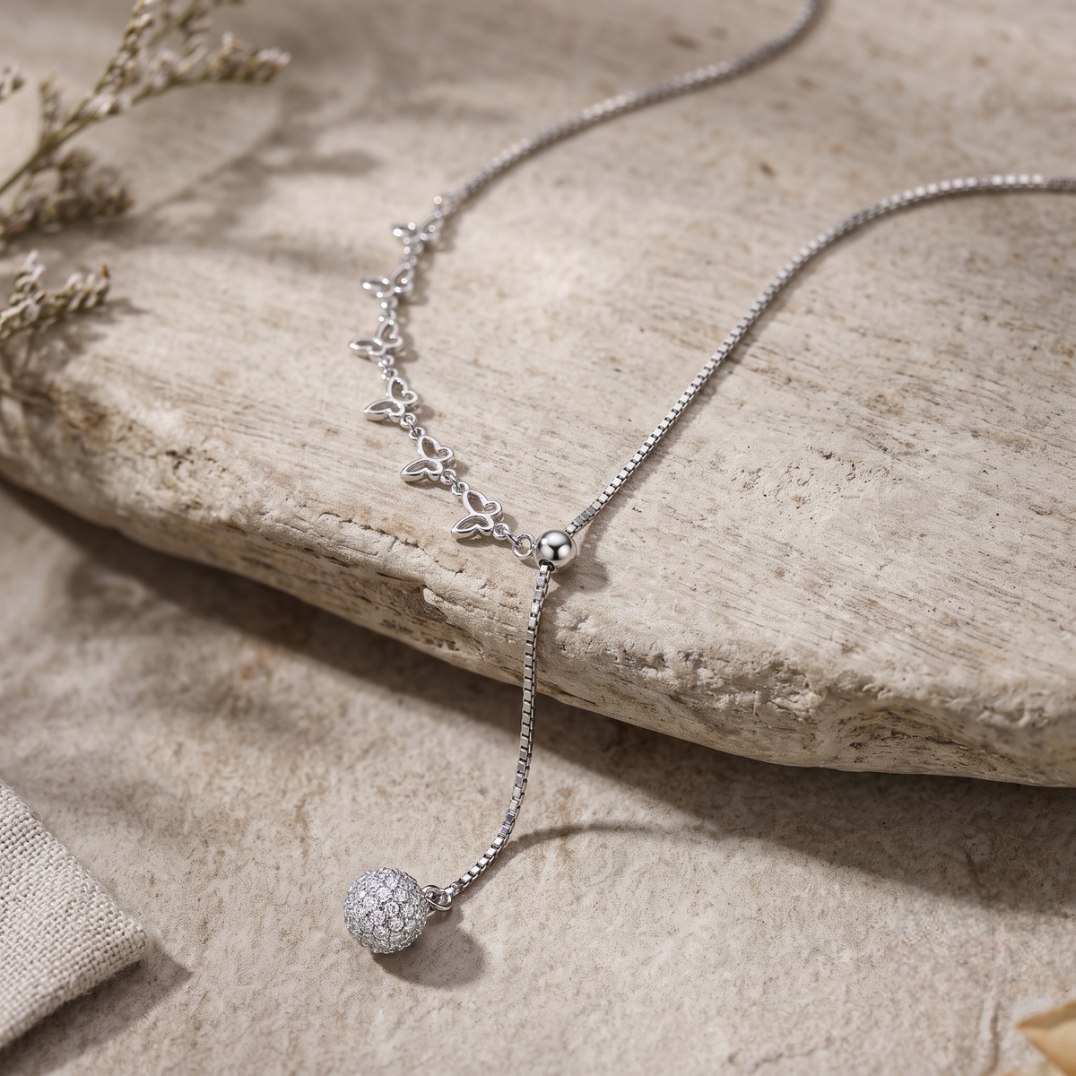 Silver Butterfly Link Y Necklace with Pave Sphere Pendant