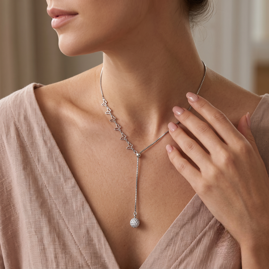 Silver Butterfly Link Y Necklace with Pave Sphere Pendant