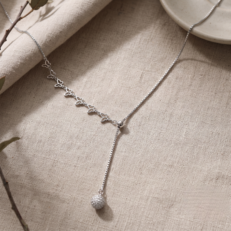 Silver Butterfly Link Y Necklace with Pave Sphere Pendant