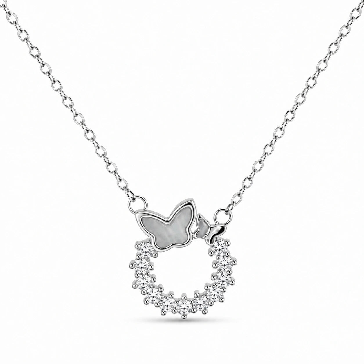 Silver Butterfly Round CZ 925 Sterling Silver Pendant Chain for Women