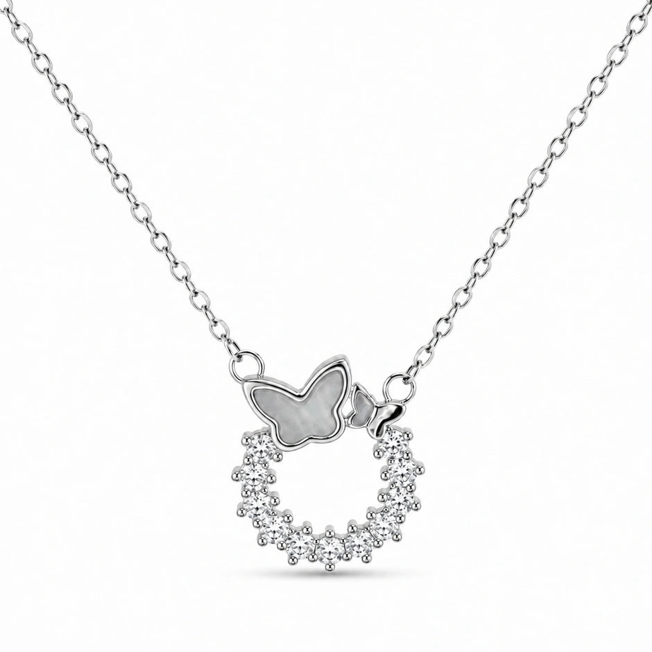 Silver Butterfly Round CZ 925 Sterling Silver Pendant Chain for Women