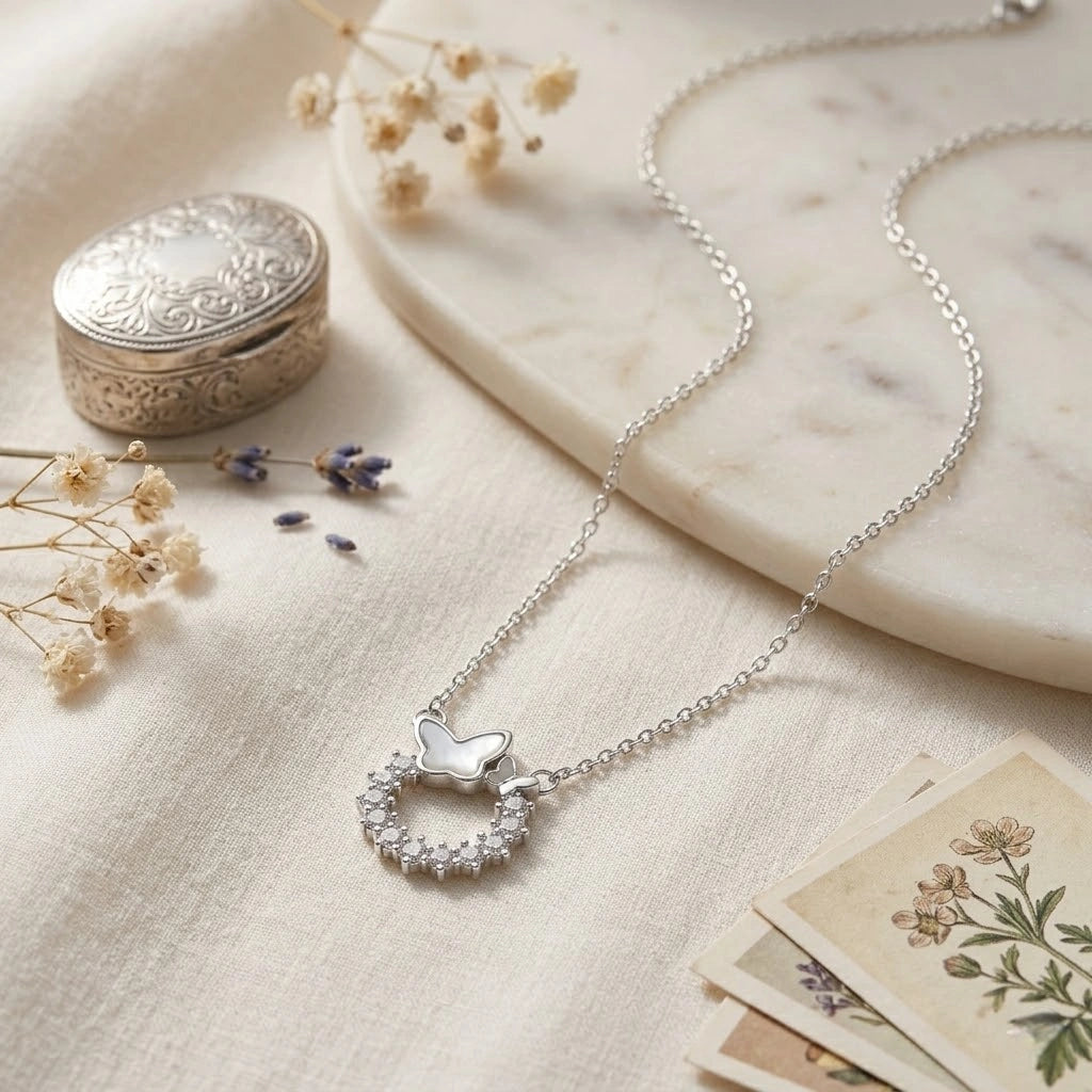Silver Butterfly Round CZ 925 Sterling Silver Pendant Chain for Women